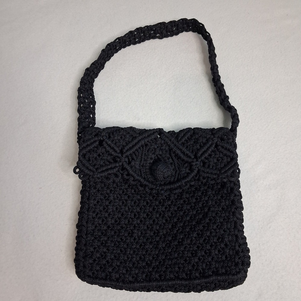 Macrame Shoulder Bag Black Boho bohemien Knotted Crochet Purse Lined Small